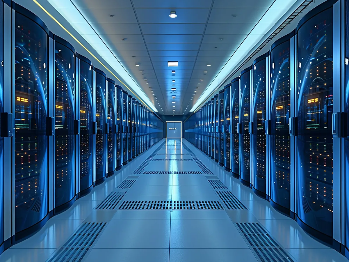 Rows of server racks along a blue-lit data center aisle