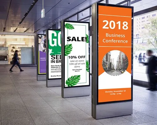 Digital signage displays in an indoor corridor