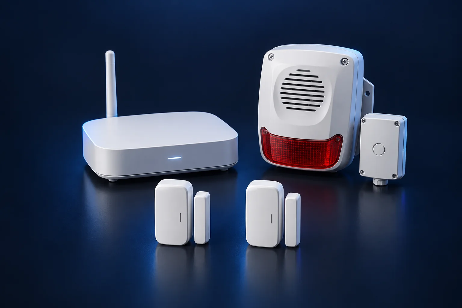 Illustration of a wireless alarm hub, door contact sensors, and outdoor siren.