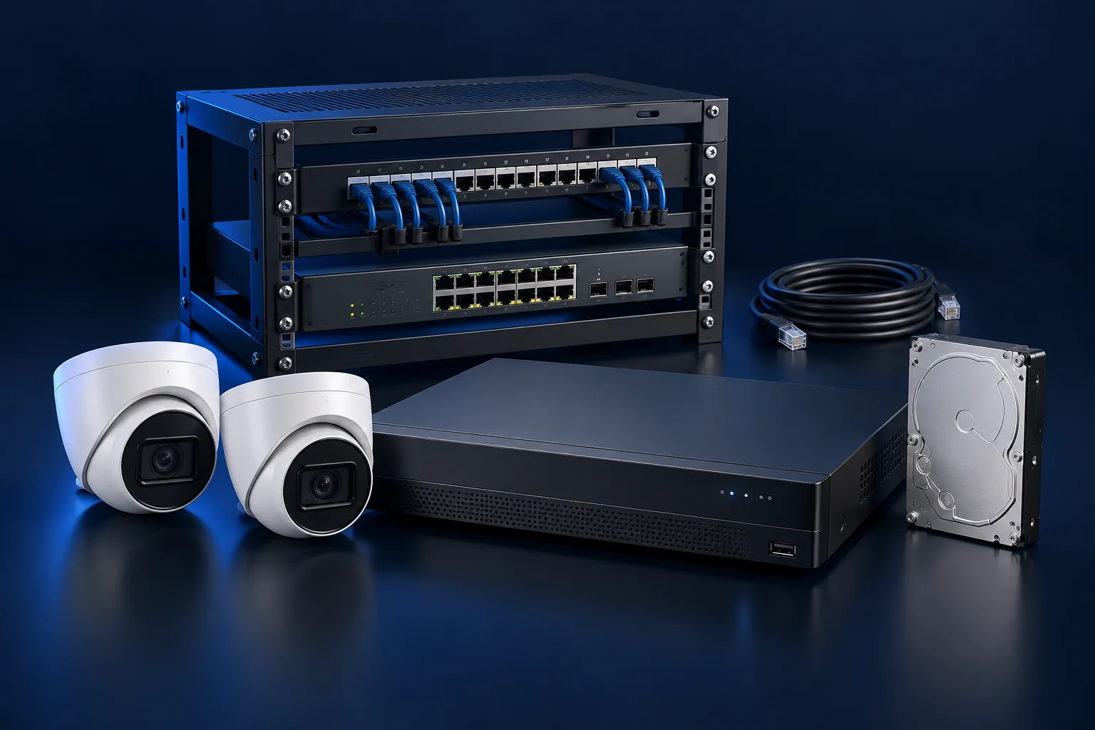 Illustration of security cameras, a network video recorder, PoE switch, and cabling.