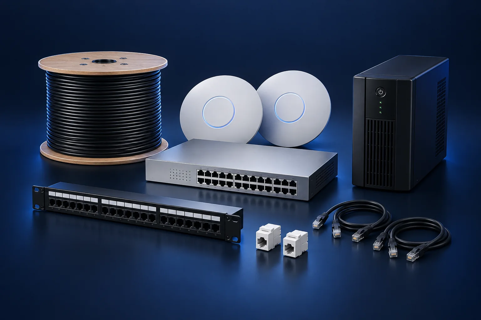 Illustration of Wi-Fi access points, network switching, cabling, and backup power.