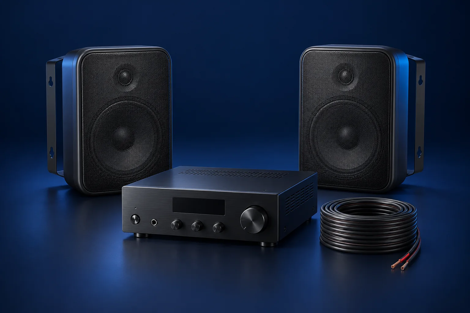 Illustration of indoor speakers, an amplifier, and speaker cable.