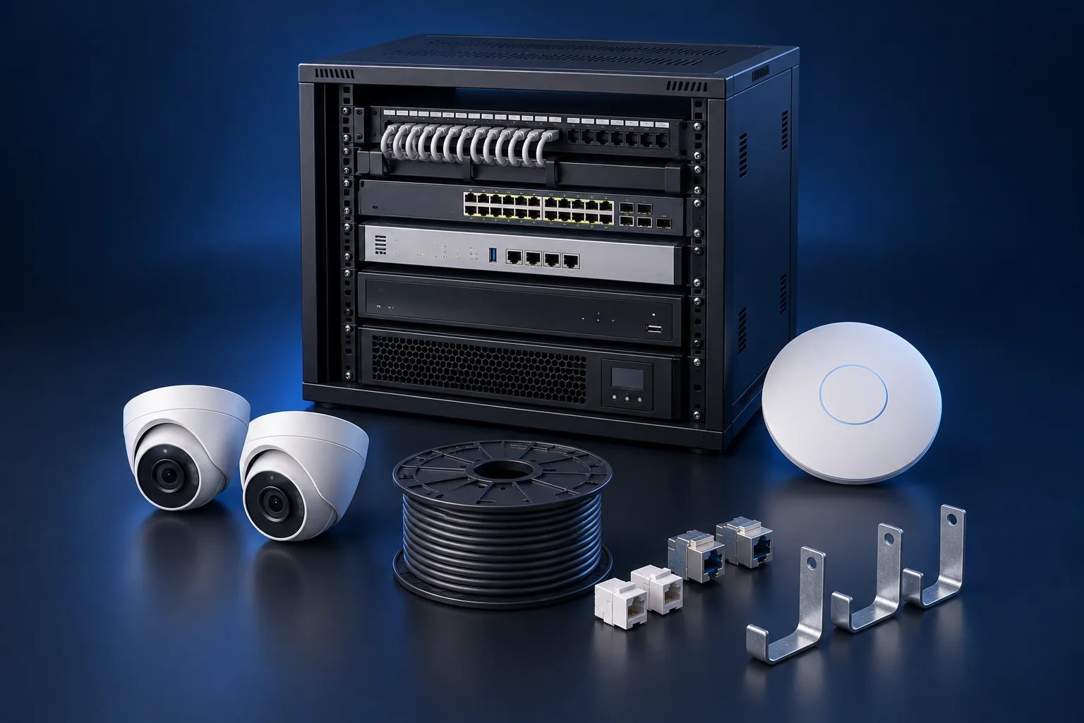 Illustration of a network rack, camera recording equipment, an access point, and structured cabling.