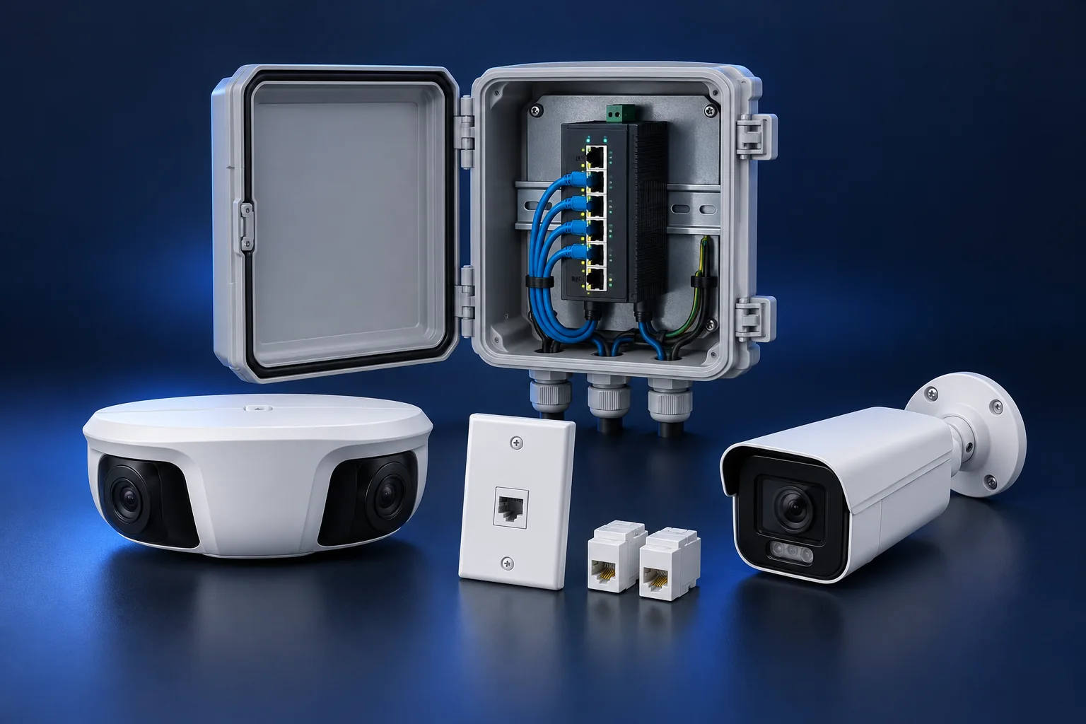 Illustration of a weather-rated enclosure, industrial PoE switch, and security cameras.