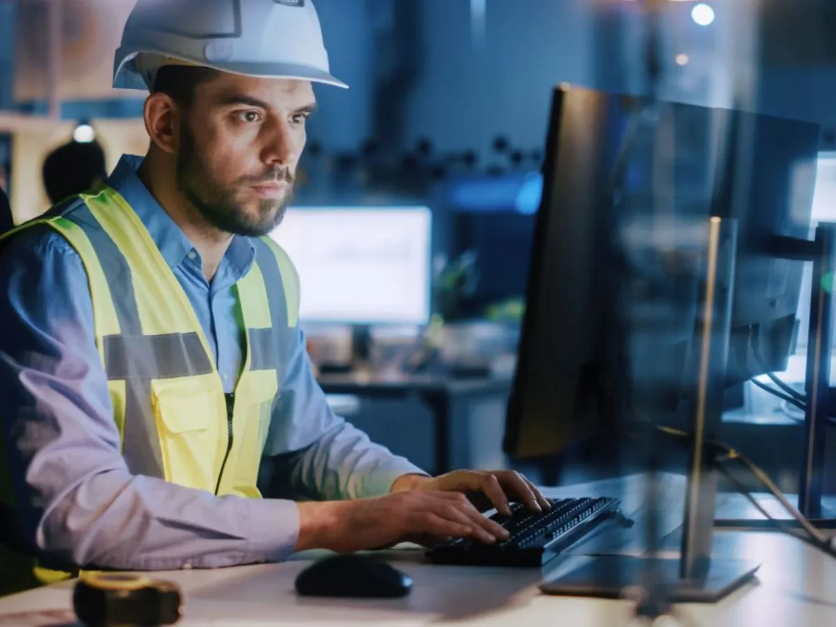 Worker in a hard hat and safety vest using a computer